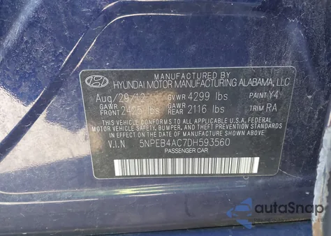 2013 Hyundai Sonata Gls z USA, uszkodzony, nr VIN 5NPEB4AC7DH593560